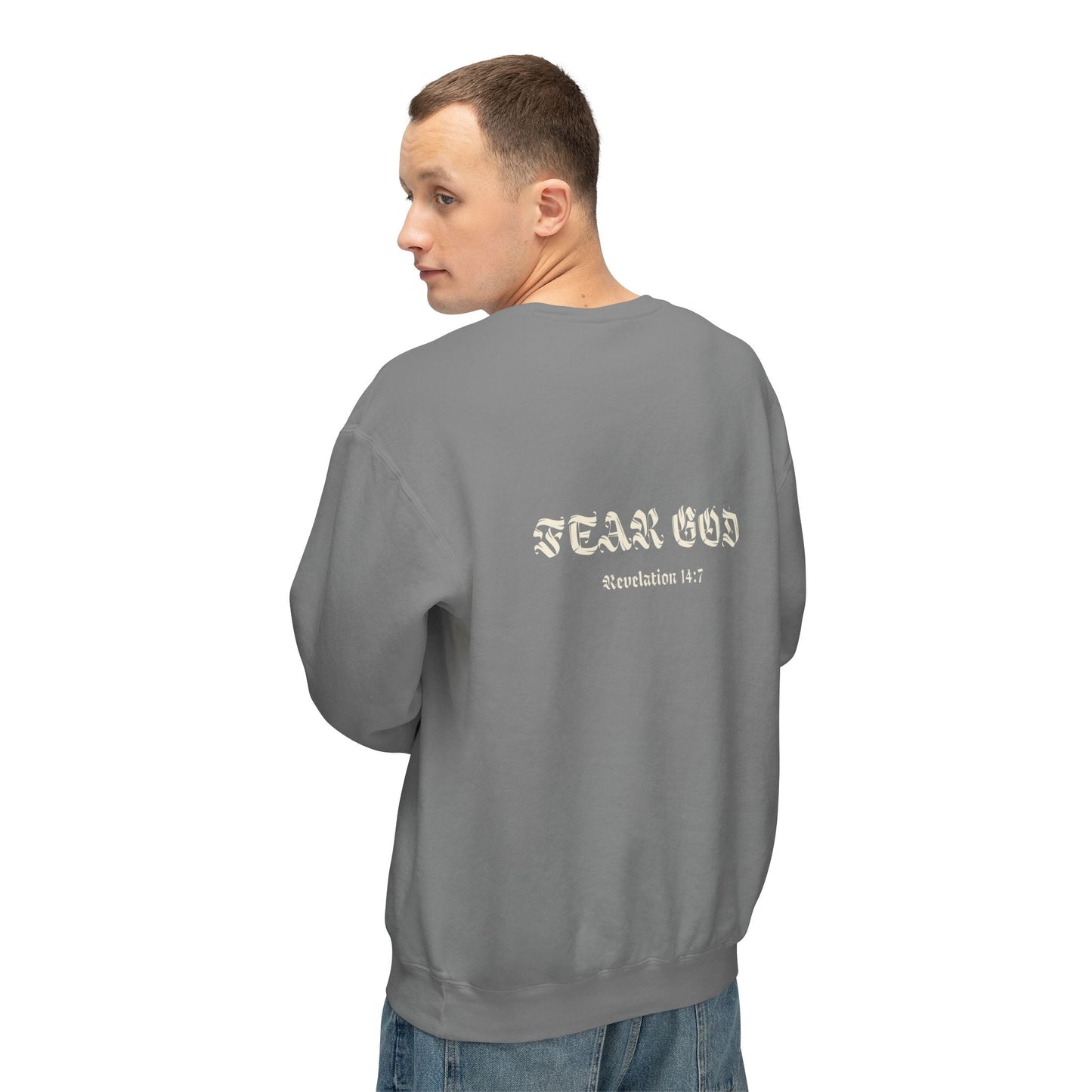 limited fear of god revelation 14:7 crewneck - renewed life apparel